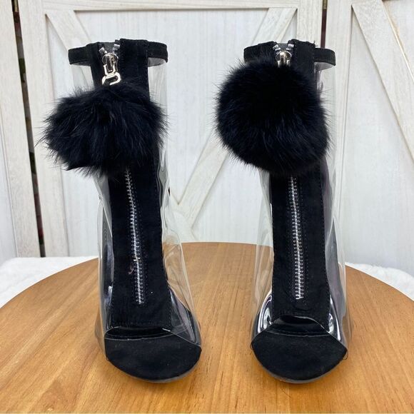 Bai Beiai Clear Peep Toe Heeled Ankle Boots PomPom Zipper Front Black 6 - Picture 3 of 12